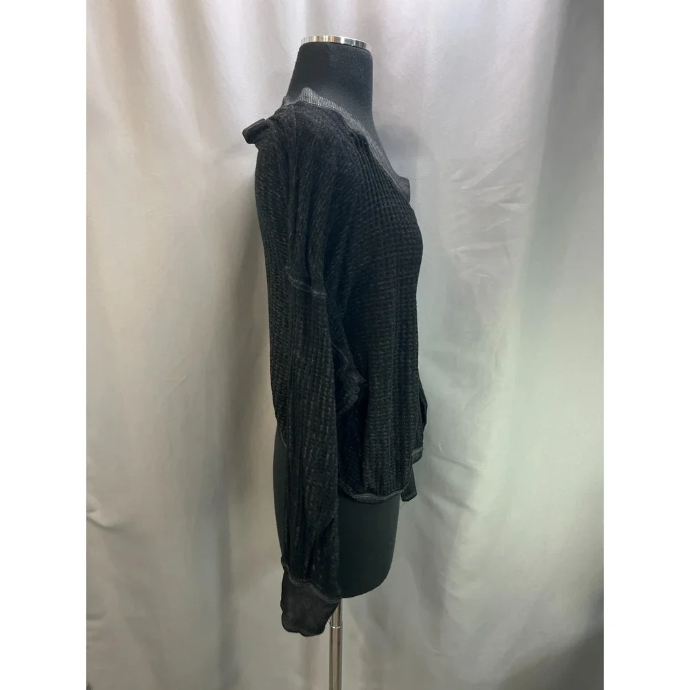 Free People We The Free South Side Thermal Top Women XS Black Cotton Waffle Knit